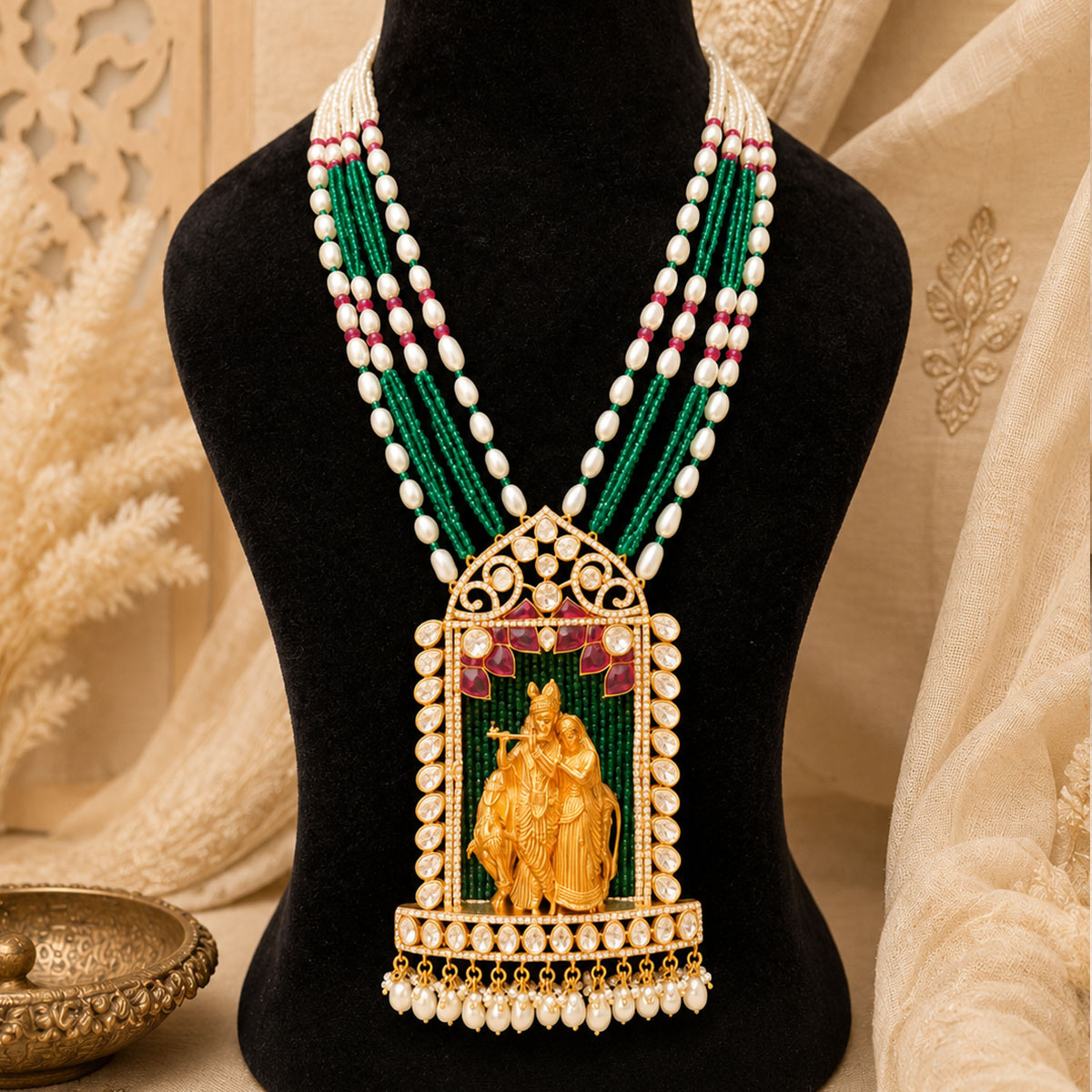 Radha Krishna Temple Necklace in Moissanite Polki