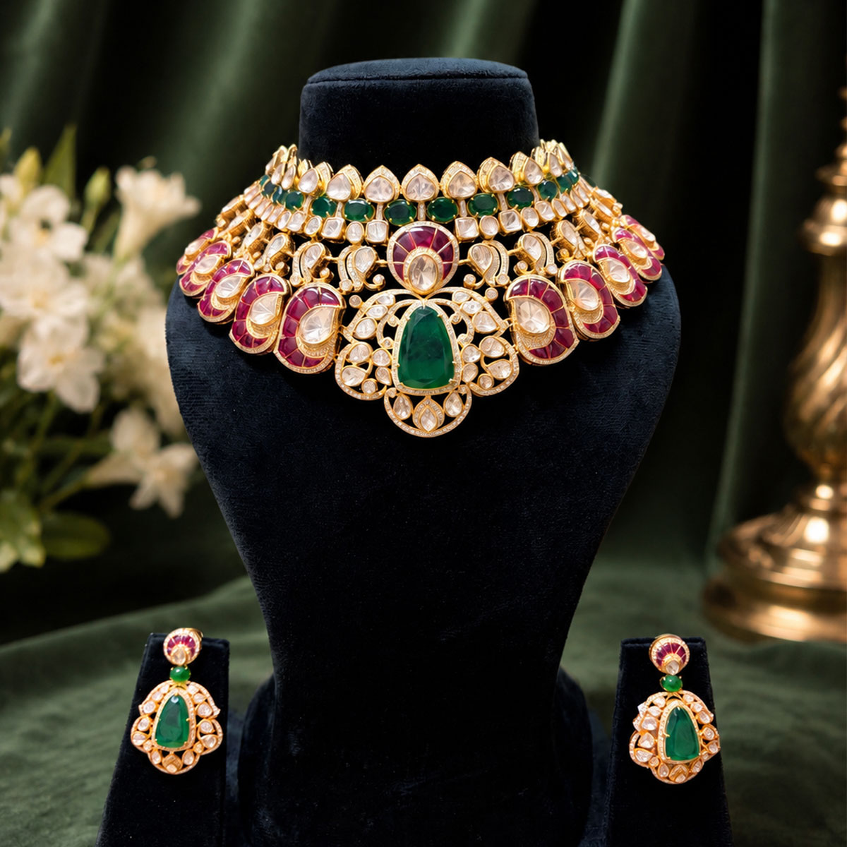 Heavy bridal necklace with earrings of moissanite and synthetic emrald  and ruby