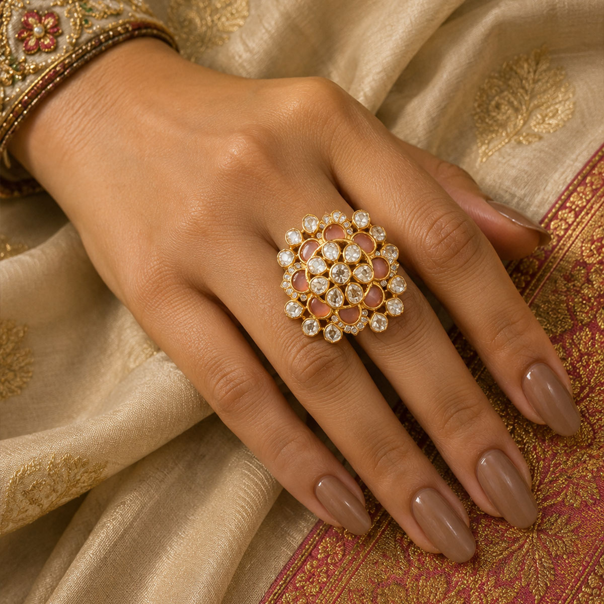 Polki ring in moissanite polki, pastel pink