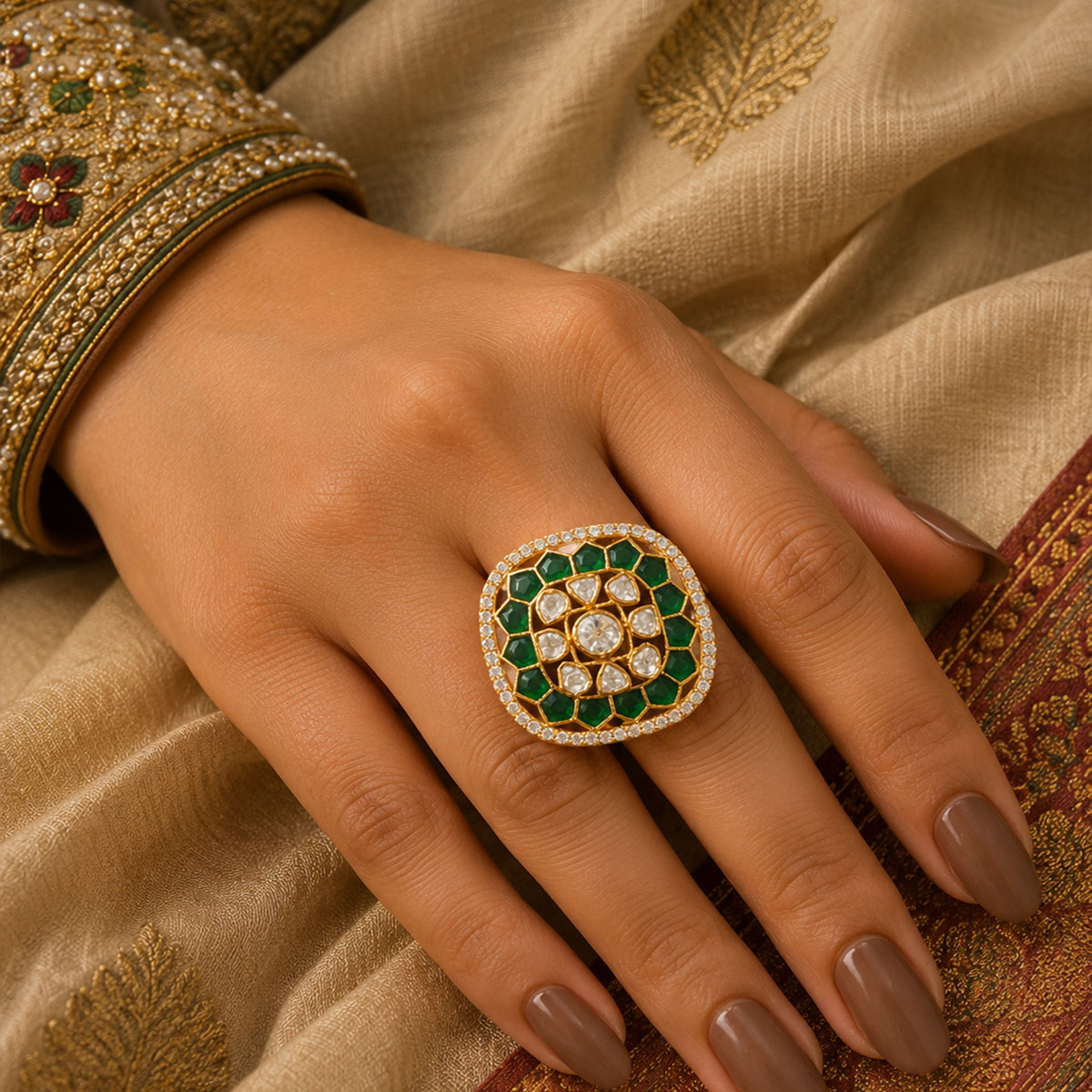 Polki green ring in moissanite polki