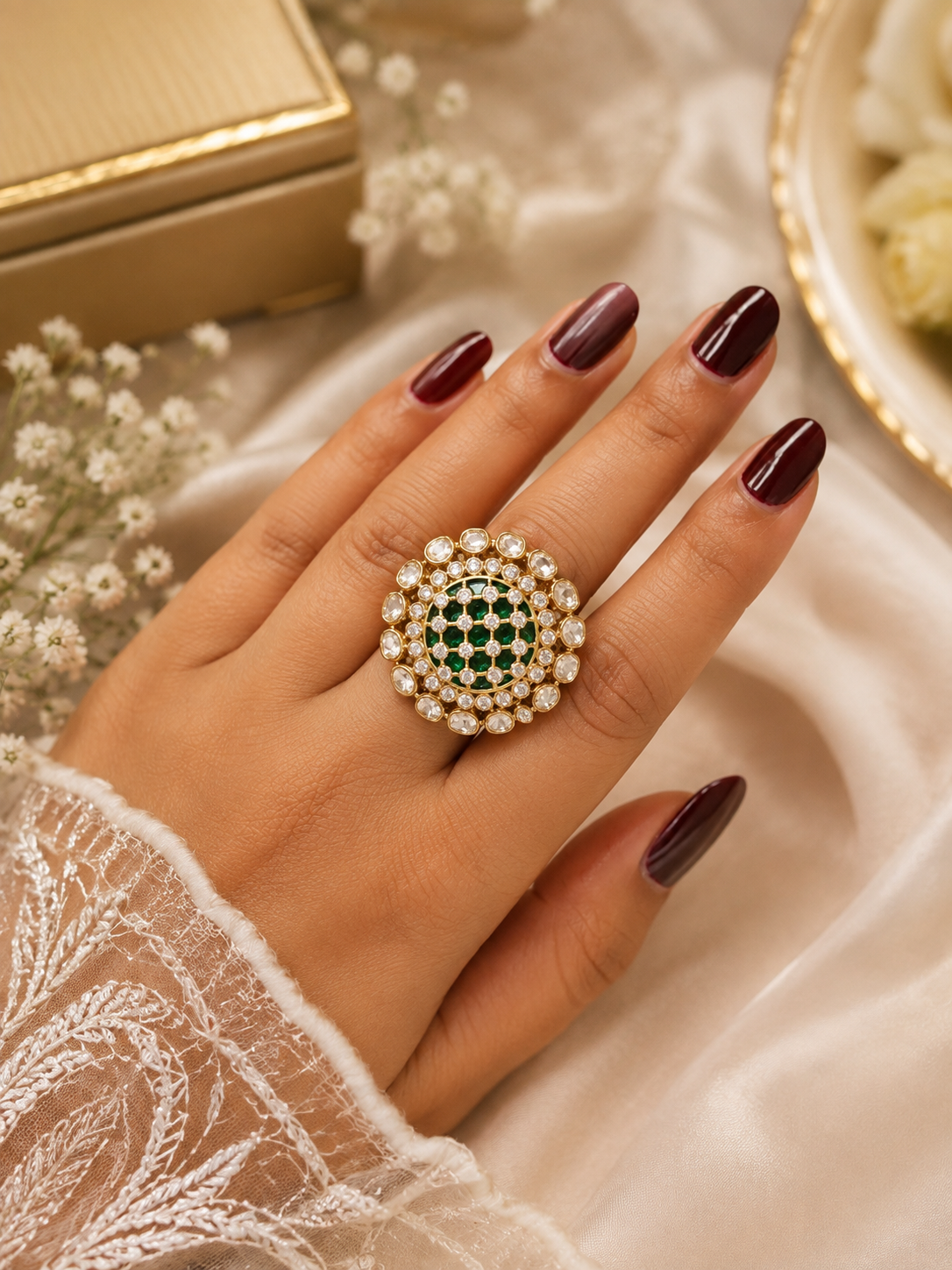 Silver moissanite polki ring
